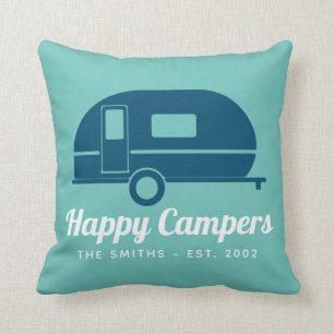 Happy Campers Navy Teal Camping Throw Pillow
