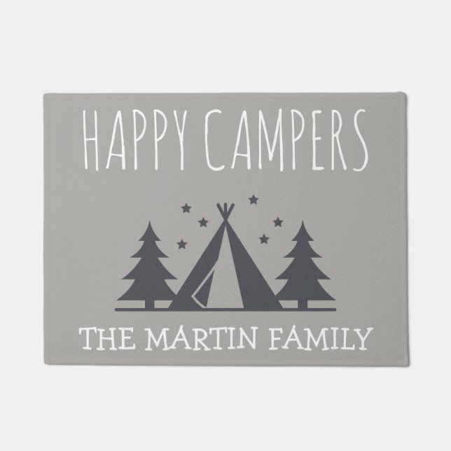 Happy Campers Personalized Rustic Camping Tent Doormat (Front)