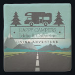 Happy Campers Retirement | RV Camping Travel Stone Coaster<br><div class="desc">Cute home decor or for on the road with your RV is this camping travel theme stone coaster featuring a classic vintage motorhome silhouette surrounded by pine trees. Reads 'HAPPY CAMPERS' with personalized name(s) in black below. Or add any custom text. Reads LIVING ADVENTURE below that. Background is cartoon style...</div>