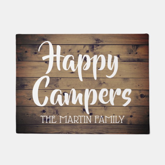 Happy Campers Rustic Barn Wood Personalized Doormat (Front)