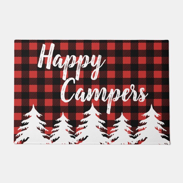 Happy Campers Rustic Buffalo Check Plaid & Forest Doormat (Front)