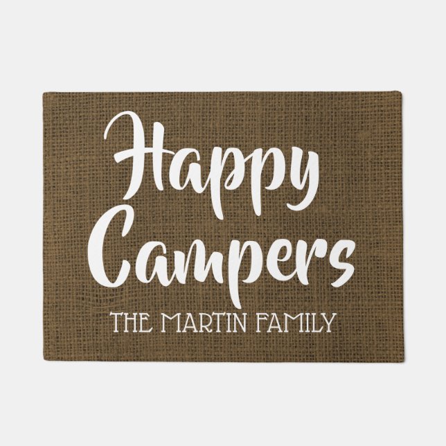 Happy Campers Rustic Burlap Personalized Doormat (Front)