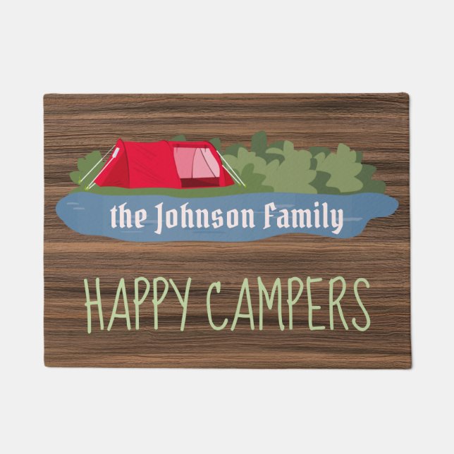 Happy campers rustic wood tent tree camping custom doormat (Front)