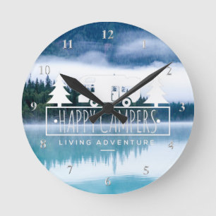 Happy Campers RV Camping Lake House Pine Trees Round Clock