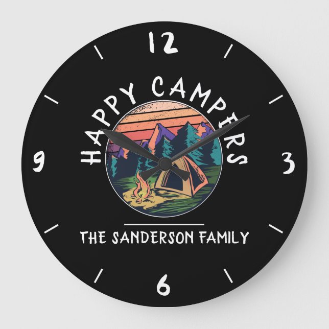 Happy Campers Tent Custom Family Name Camping Large Clock (Front)