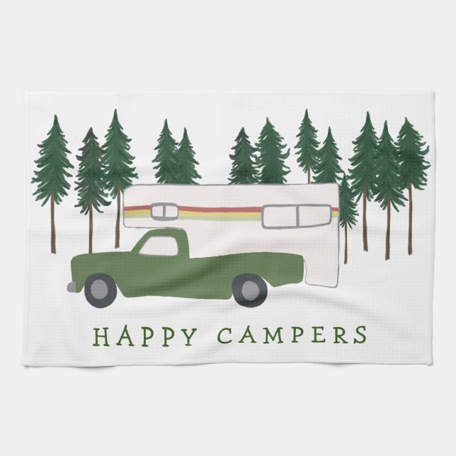 HAPPY CAMPERS Truck Camping RVing Trees Forest Kitchen Towel (Horizontal)