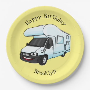 Happy campervan cartoon illustration paper plate