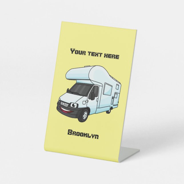 Happy campervan cartoon illustration pedestal sign (Front)