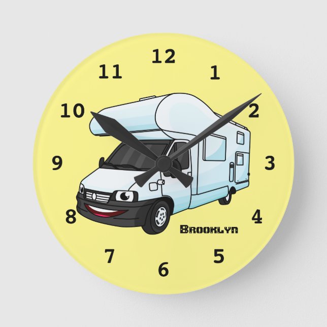 Happy campervan cartoon illustration round clock (Front)