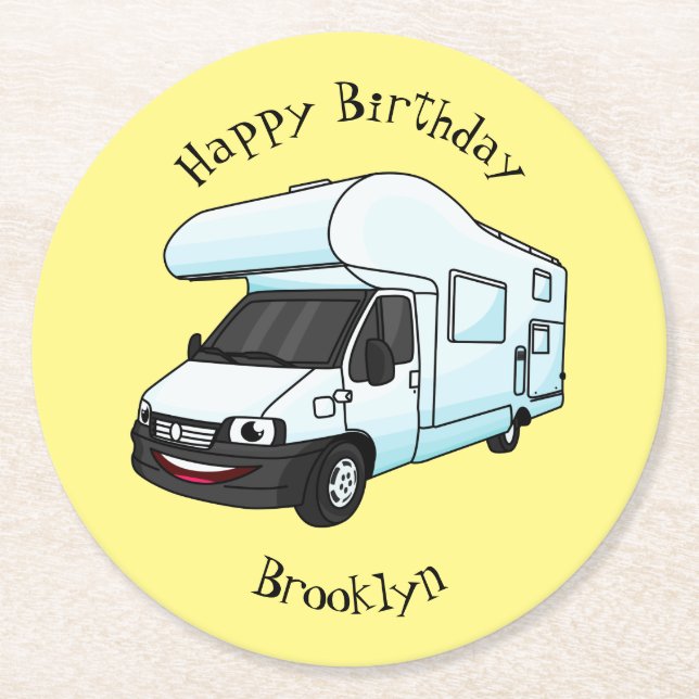 Happy campervan cartoon illustration round paper coaster (Front)