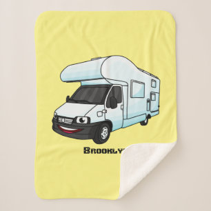 Happy campervan cartoon illustration  sherpa blanket