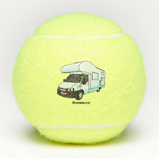 Happy campervan cartoon illustration tennis balls (Front)