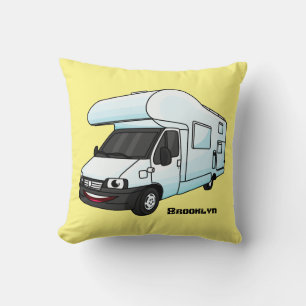 Happy campervan cartoon illustration throw pillow
