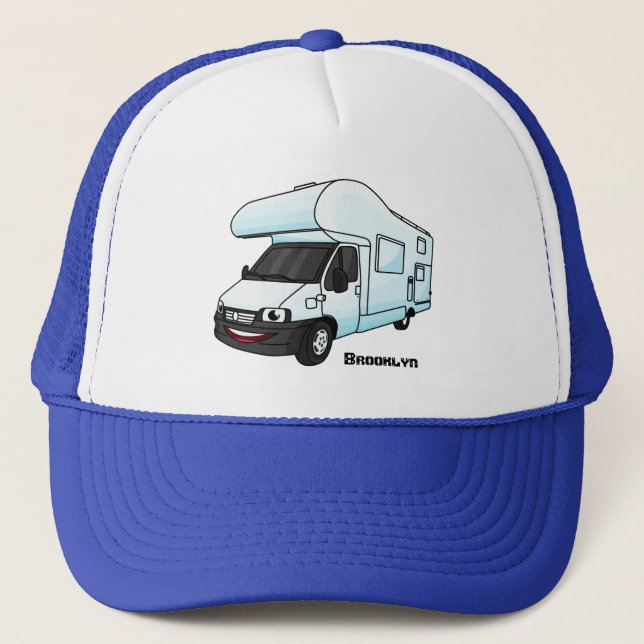 Happy campervan cartoon illustration  trucker hat (Front)