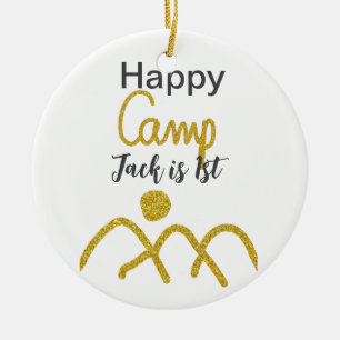 Happy camping camper one birthday kids golden sun ceramic ornament
