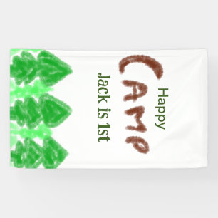 Happy camping camper one birthday kids trees wood banner