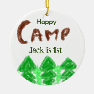 Happy camping camper one birthday kids trees wood ceramic ornament