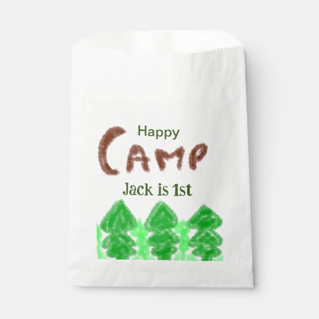 Happy camping camper one birthday kids trees wood favour bag (Front)
