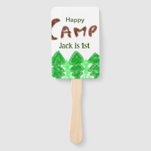 Happy camping camper one birthday kids trees wood hand fan