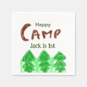 Happy camping camper one birthday kids trees wood napkin