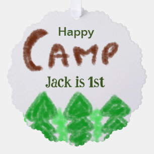 Happy camping camper one birthday kids trees wood ornament card