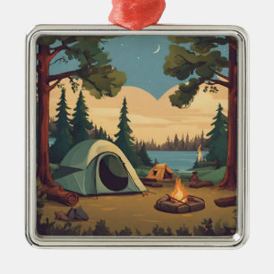 Happy Camping Tent and Campfire  Metal Ornament