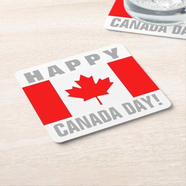 Happy Canada Day Canadian flag paper drink coaster (Angled)