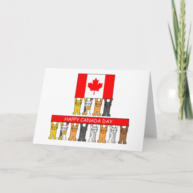 Happy Canada Day Cartoon Cats Holding Banners Card (Front)