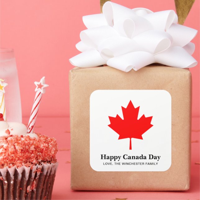 Happy Canada Day custom text with red maple leaf Square Sticker (Party)