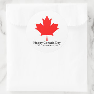 Happy Canada Day red maple leaf with custom text Classic Round Sticker