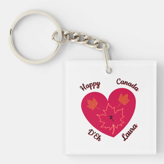 Happy Canada D'Eh Heart, Frog, Maple Leaves Keychain (Front)