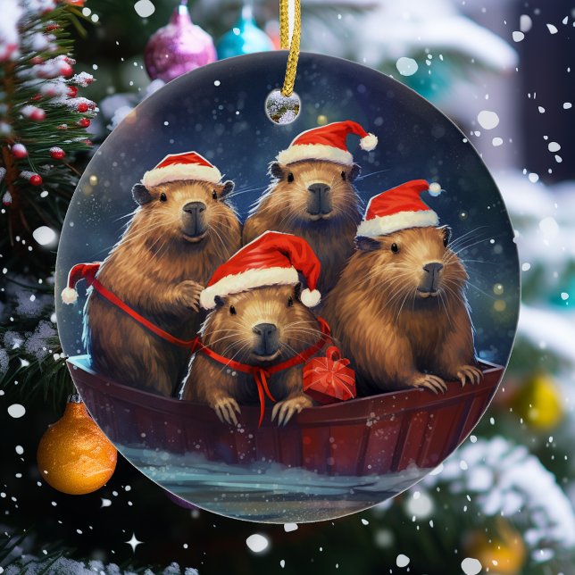 Happy Capybara Christmas  Ceramic Ornament (Creator Uploaded)