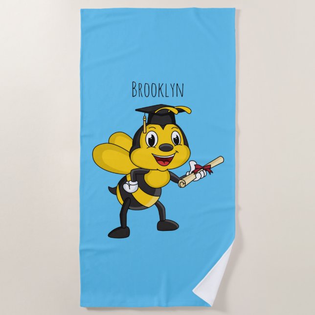 Happy cartoon bee graduation  beach towel (Front)