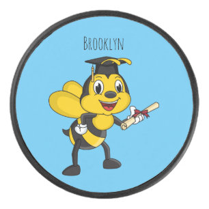 Happy cartoon bee graduation hockey puck