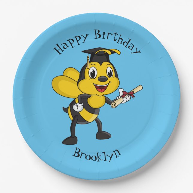 Happy cartoon bee graduation paper plate (Front)
