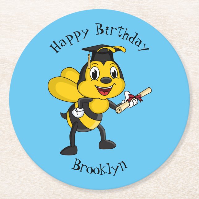 Happy cartoon bee graduation round paper coaster (Front)