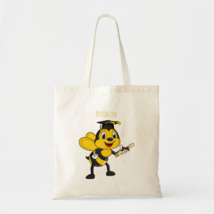 Happy cartoon bee graduation tote bag