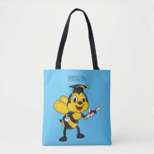 Happy cartoon bee graduation tote bag