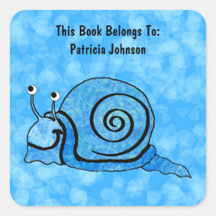 Happy Cartoon Blue Patterned Snail on Aqua Square Sticker