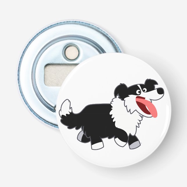 Happy Cartoon Border Collie Button Bottle Opener (Front)