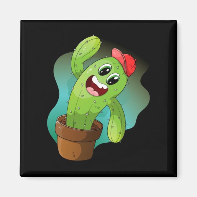 Happy Cartoon Cactus Plant Magnet (Front)