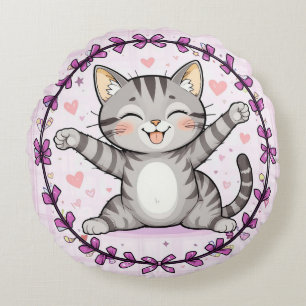 Happy Cartoon Cat Cute Animal Illustration Style  Round Pillow
