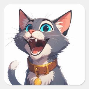 Happy Cartoon Cat With Blue Eyes Cute Pet  Square Sticker