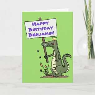 Happy cartoon crocodile with sign personalized card