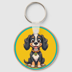 Happy Cartoon Dog in a Colourful Circular Frame Keychain