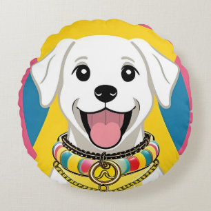 Happy Cartoon Dog with Colourful Collar Round Pillow