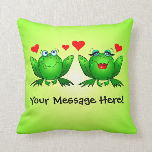 Happy Cartoon Frogs Love Hearts Green Throw Pillow