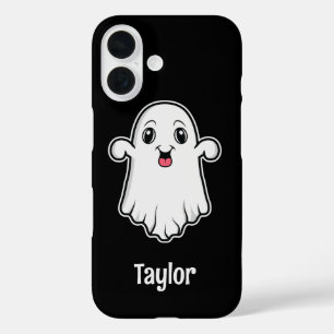 Happy Cartoon Ghost With Personalizable Name Black iPhone 16 Case
