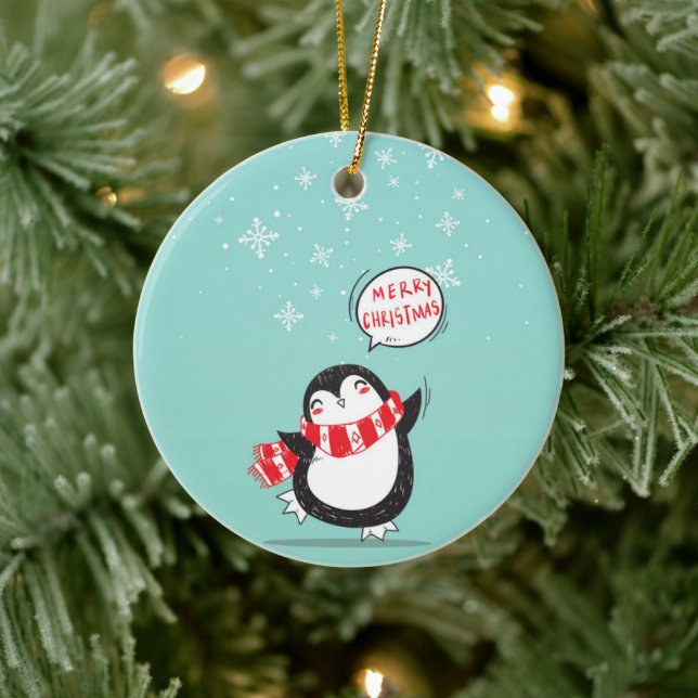 Happy Cartoon Penguin Ceramic Ornament (Tree)