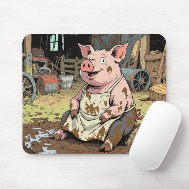 Happy Cartoon Pig In a Farm Barn Mouse Pad (With Mouse)